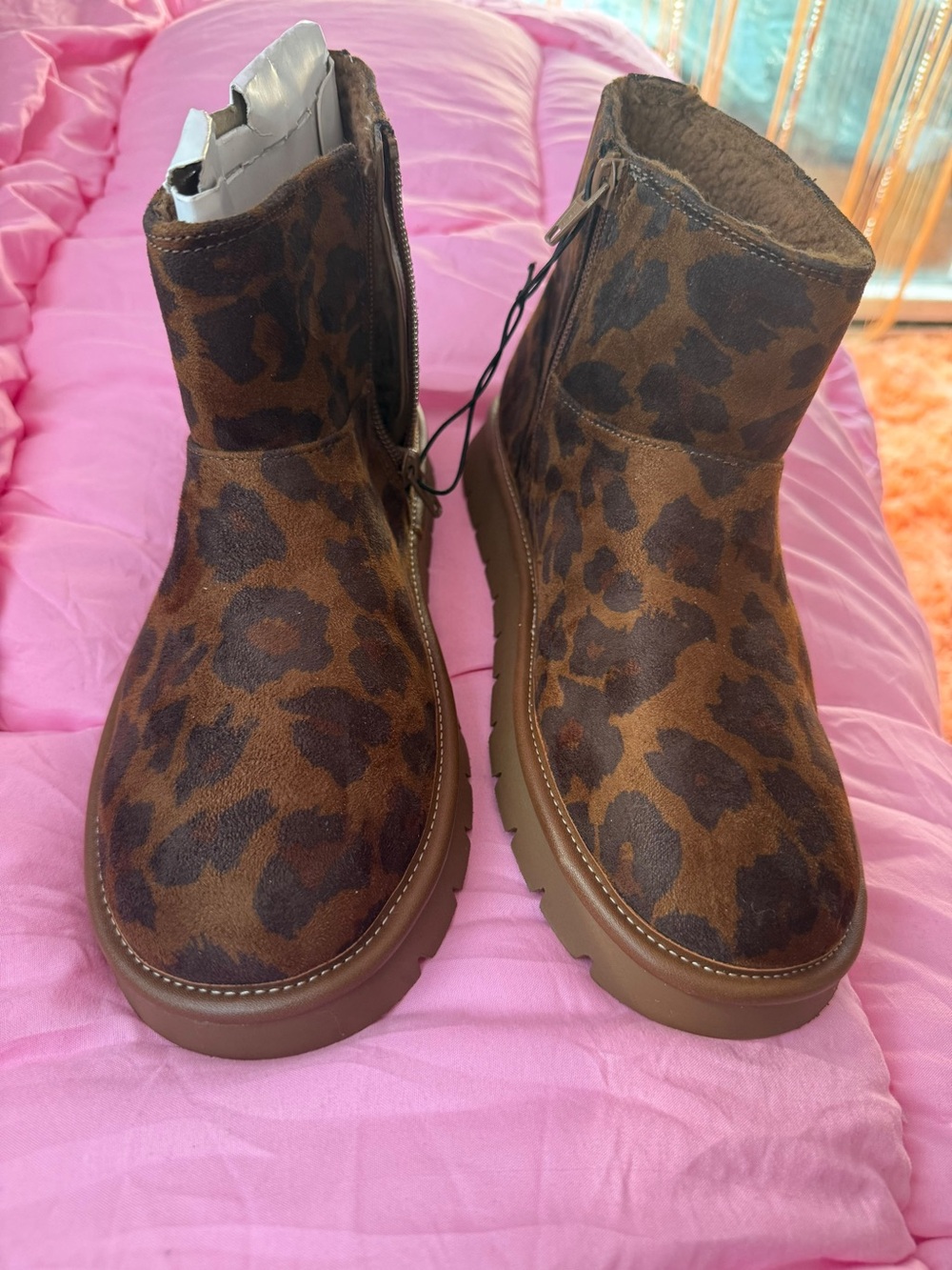 Leopard-Print Faux Suede Ankle Booties in Brown